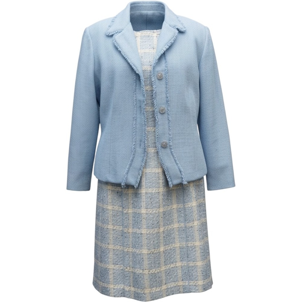 Requirements Womens Blue Tweed Plaid Sheath Dress and Fringe Trim Jacket Set 14